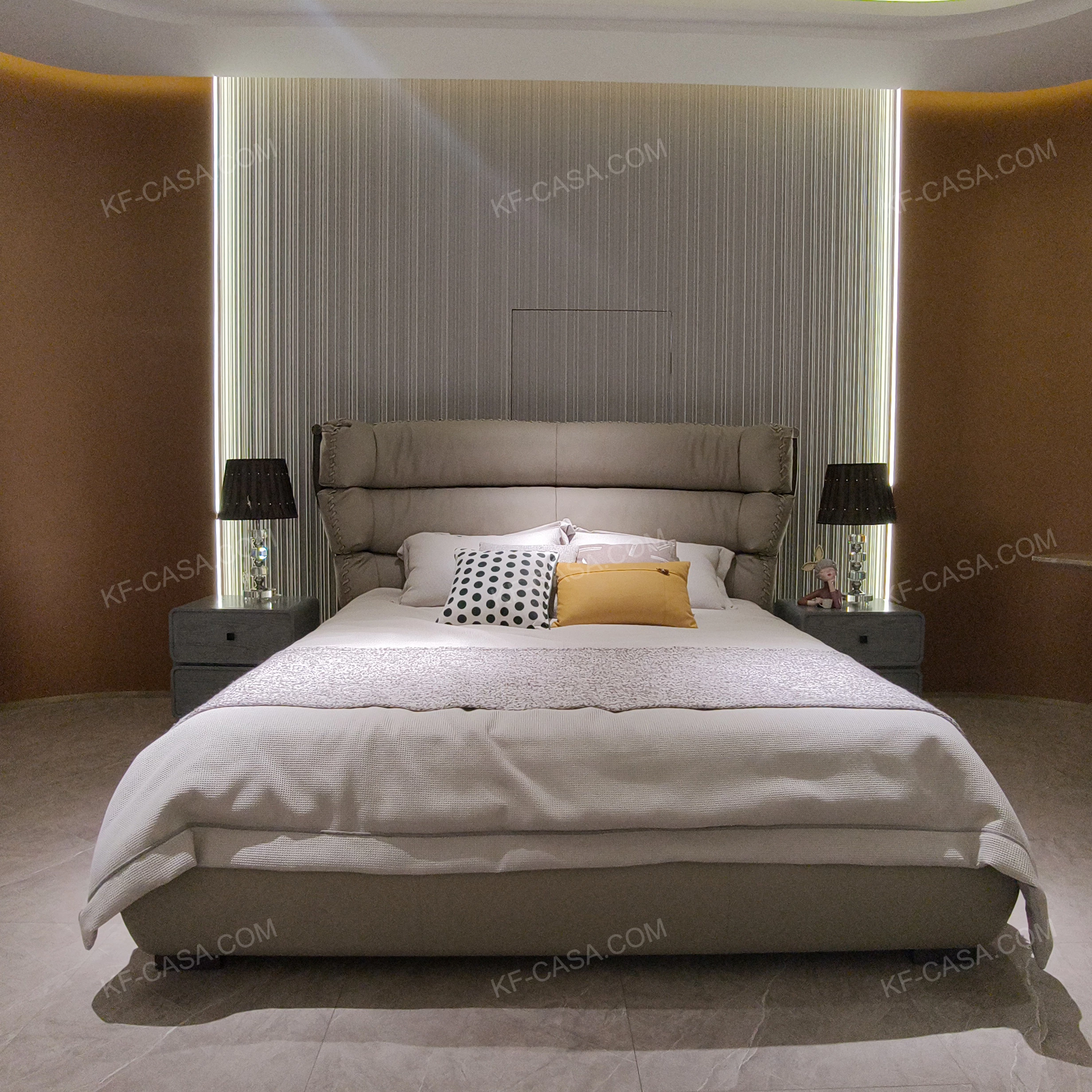 Warm Taupe Upholstered Bed with Tiered Headboard, Lacing Detail & Stainless Steel Accents